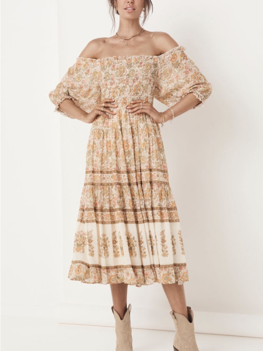 Spell Juniper Shirred Floral Smocked Midi Dress Small